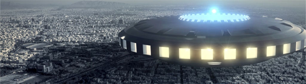 giant alien UFO hovering over a city