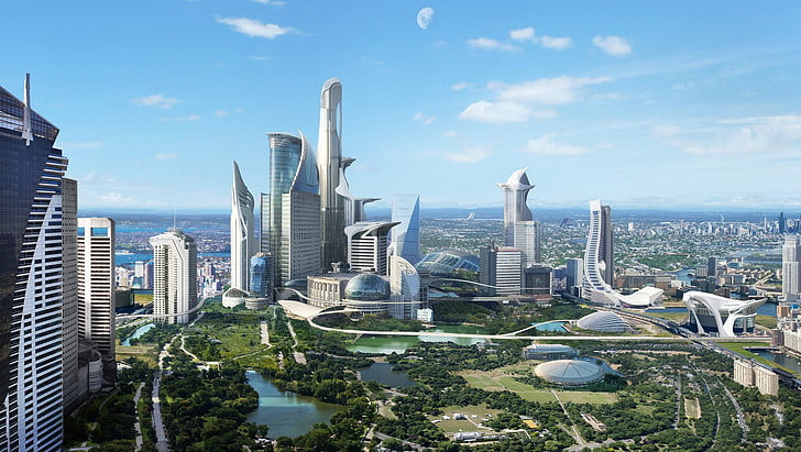A futuristic city with lots of greenery
