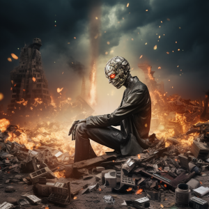 a human in a suit with a robot head and red yes, sits in a fiery field of broken buildings, ticker tape and destruction