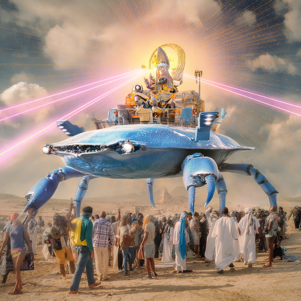 In the middle of a pyramid-dotted desert a crowd of moddern people have gathered to watch a diety riding on an elaborate throne atop a giant blue crab with purple lasers shooting out over the crowd.