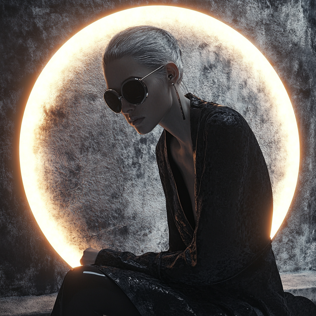 A silver-haird young lady with sunglasses and in a whiny embroidered top sits in front of a concrete wall with a relief sculpture of a moon with a ring of incandescent light as an outline.